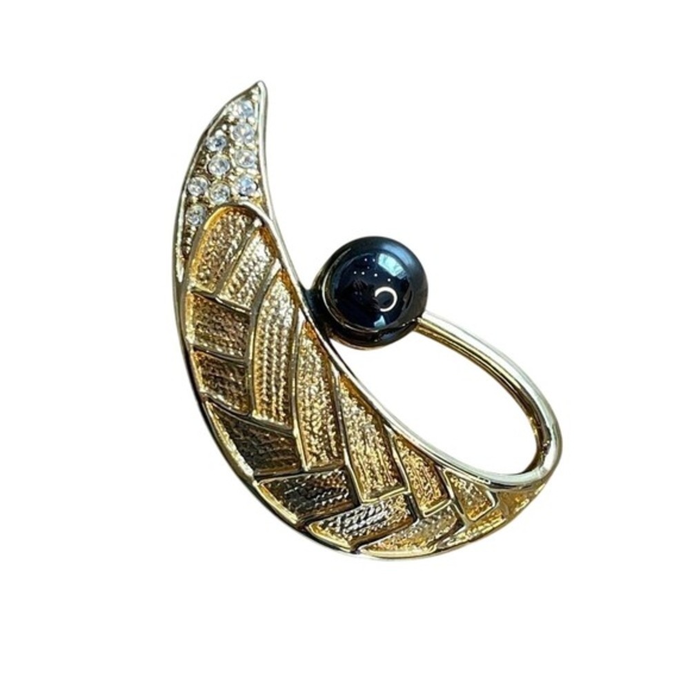 Vintage‎ Art Deco Gold Tone Faux Black Pearl Rhinestone Brooch from Unbranded - Picture 8 of 10